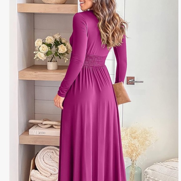 ANRABESS Women Deep V Neck Long Sleeve Slit Elegant Maxi Long Dress - Fuschia - Picture 3 of 6
